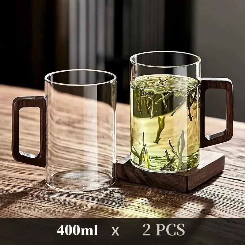 1/2Pcs 400Ml Glass Cups with Walnut Handle Household Heat-Resistant Mug Large Capacity Tea Making Cup Office Drinking Glasses